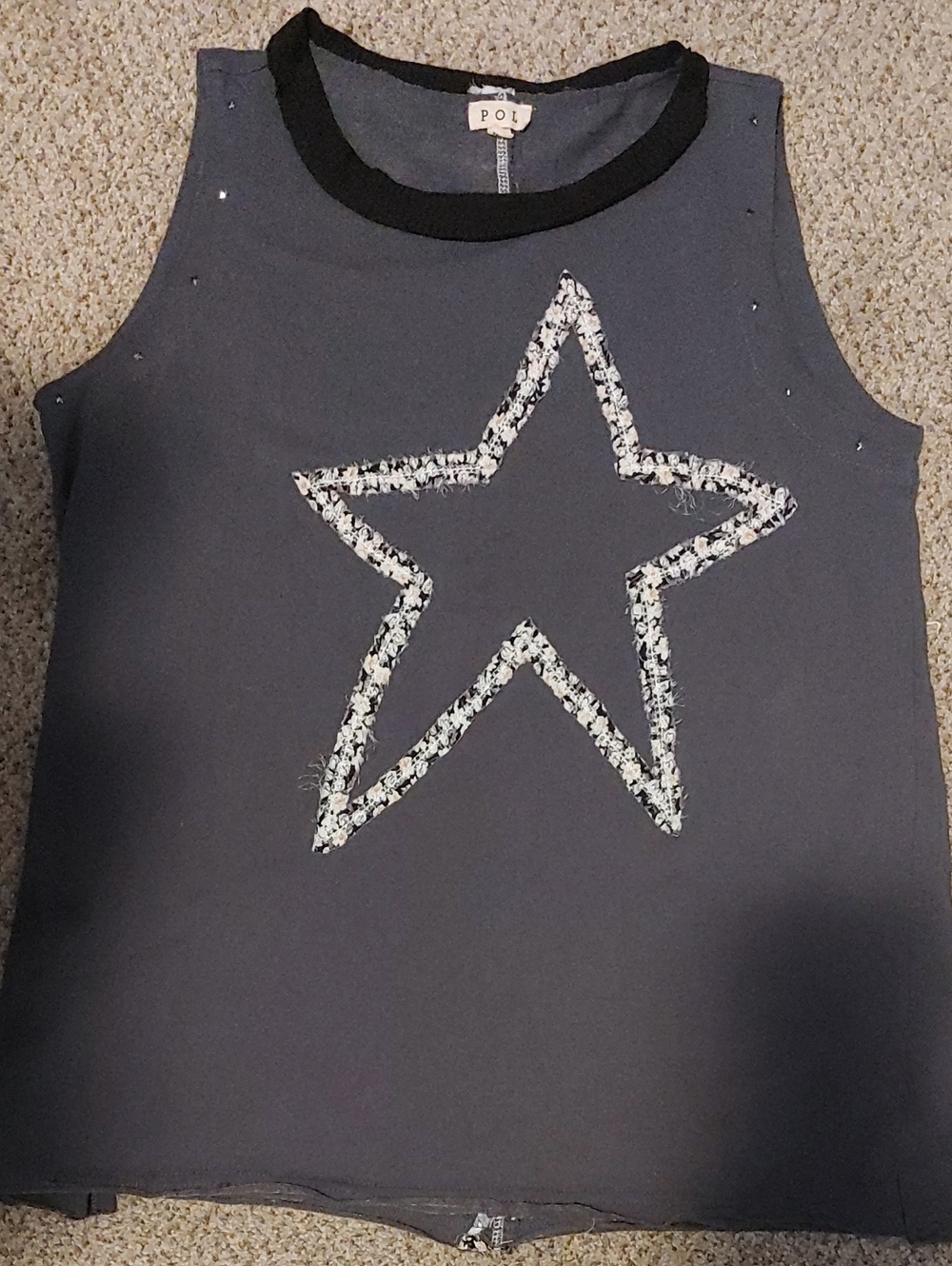 POL Charcoal Sleeveless Top with Black Trim and White-Textured Star